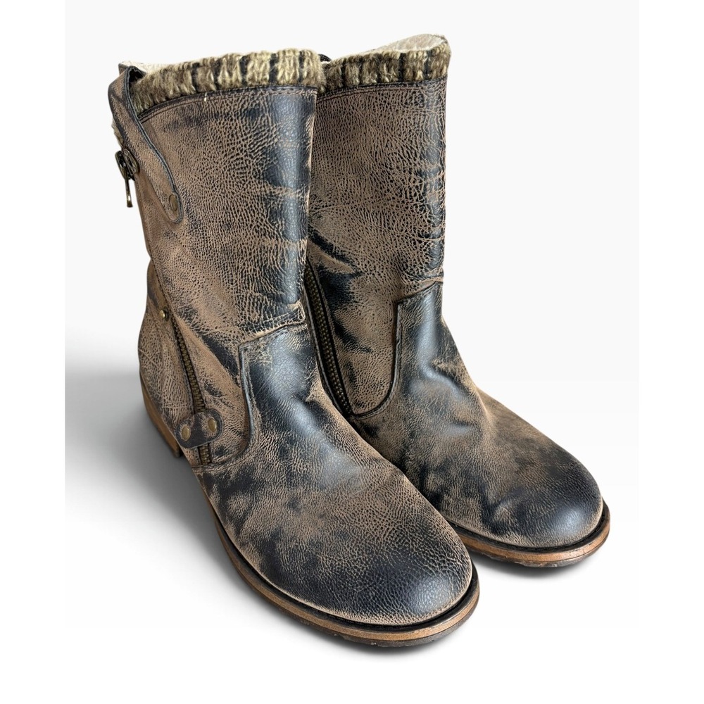 Crown Vintage Distressed Chelsea Boots Black Brown Side Zip Buckle Biker Western
